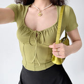 HALF SLEEVE U-NECK BOW DETAIL SLIM FIT TOP